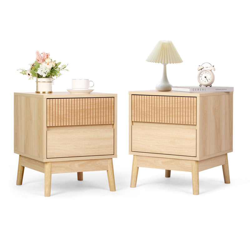 Tables de chevet en bois rainuré avec 2 tiroirs (lot de 2)