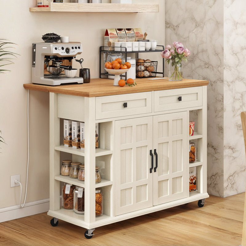 Brianny Rolling Kitchen Cart Island with Foldable Tabletop 2 Drawers and Power Outlet off white