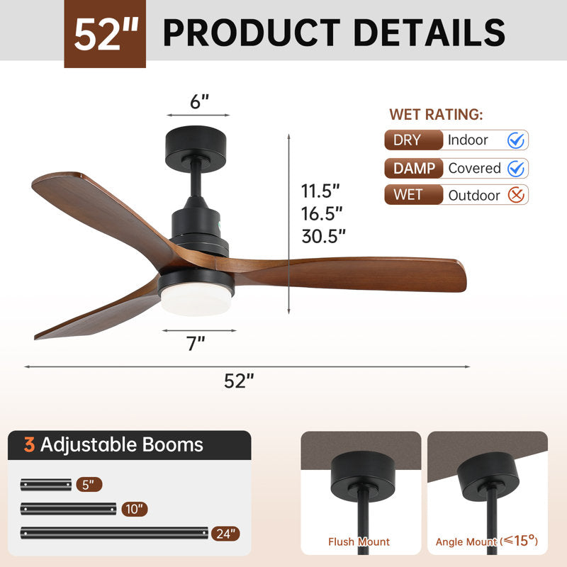 Ventilateur de plafond standard Shylo 5 pales de 132 cm (52 ​​po) avec éclairage LED intégré, noir et marron