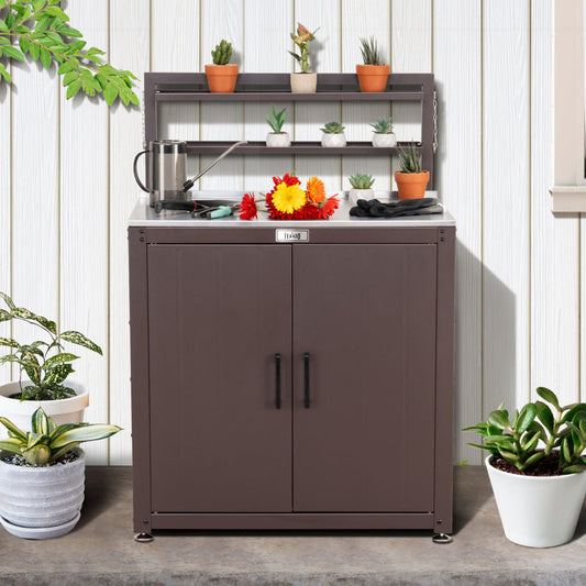 Feasto Garden Potting Bench with Storage Cabinet,Outdoor Gardening Table & Work Bench for Plants, Horticulture,Outdoor Workstation with Stainless Steel Tabletop,Outdoor Work Table with Elevated Rack