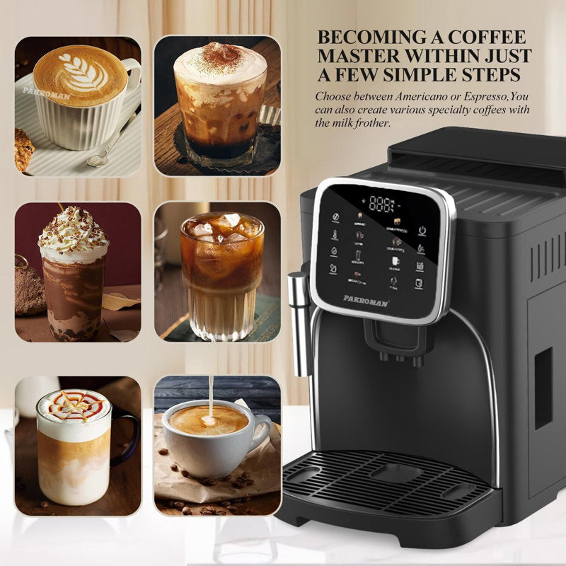 Machine à expresso entièrement automatique avec mousseur à lait + 19 bars, écran tactile Ulka italien + moulin à café à meules
