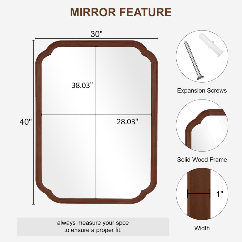 Miroir décoratif mural en bois Ali pour salle de bain, 40" x 30"