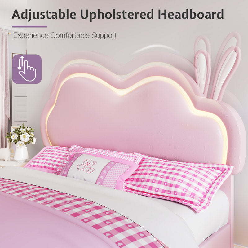 Cadre de lit flottant Zoomie Kids avec tête de lit LED réglable et revêtement en cuir, rose (taille standard)