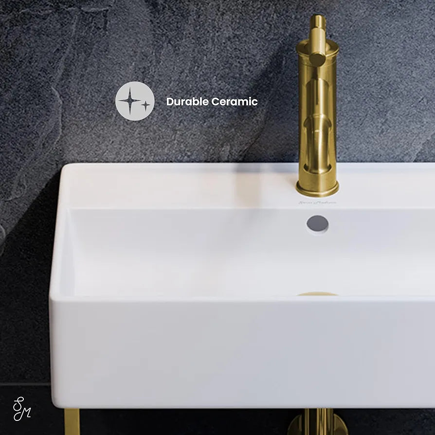 Swiss Madison Claire 22" Wall-Mount Bathroom Sink with Integrated Towel Bar, Rectangular Ceramic Basin, Space-Saving Modern Design, Single Faucet Hole, Glossy White with Brushed Gold