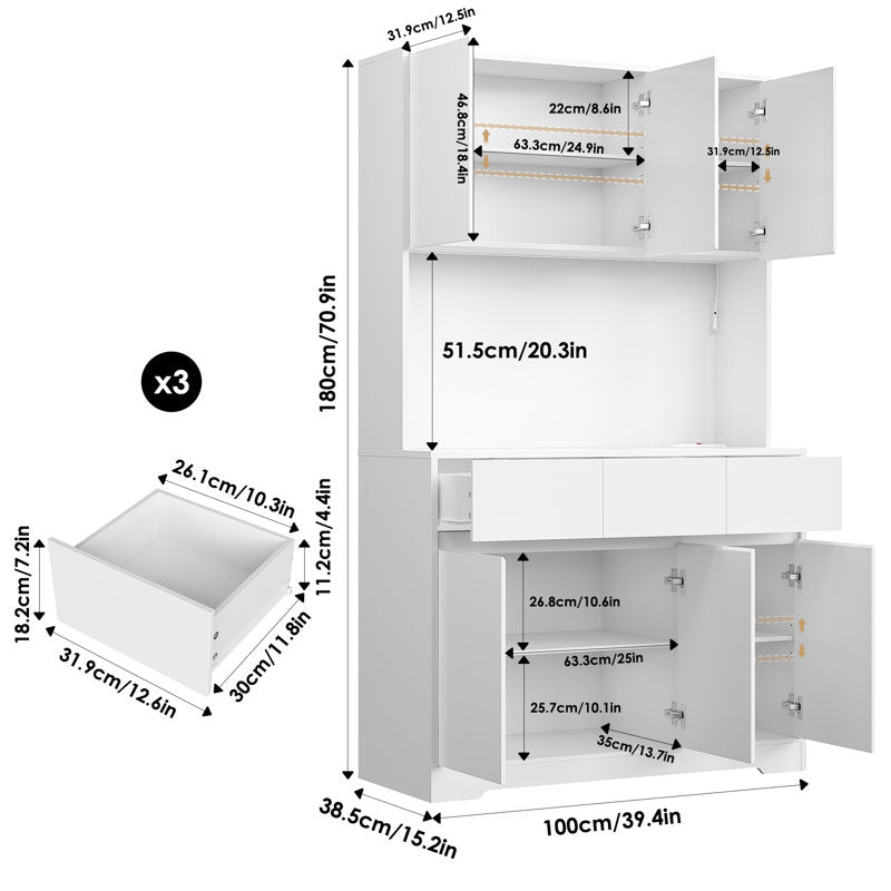 Armoire de cuisine Aybike de 180 cm de haut avec station de charge et éclairage LED, garde-manger autoportant avec 4 placards, 3 tiroirs et étagère pour micro-ondes, rangement de type vaisselier, étagères réglables