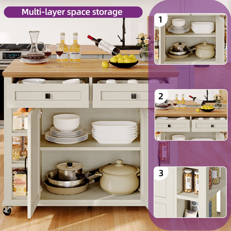 Brianny Rolling Kitchen Cart Island with Foldable Tabletop 2 Drawers and Power Outlet off white