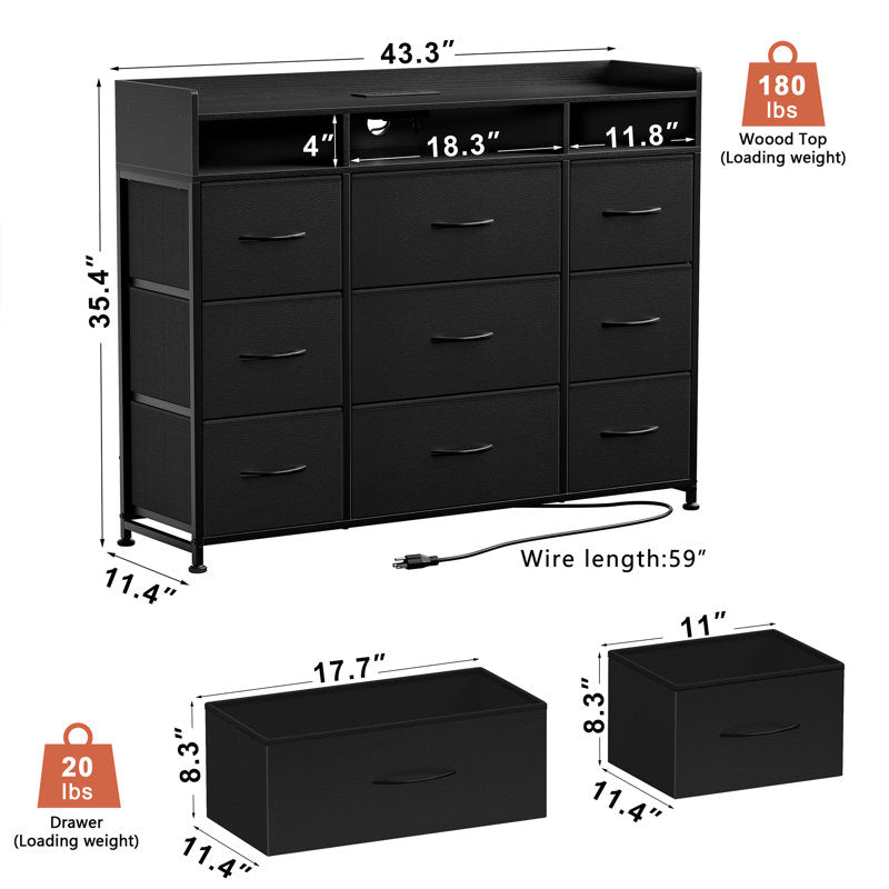 Commode Cheo à 9 tiroirs avec étagère ouverte à 2 niveaux, prise électrique et éclairage LED, commode de 43 pouces de largeur pour chambre à coucher (NOIR)