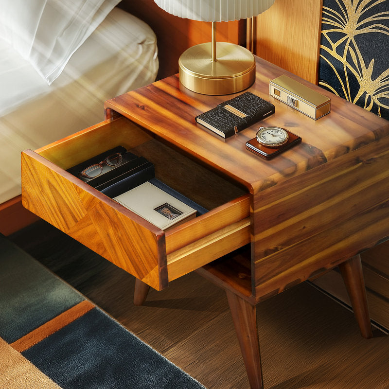 Laden solid acacia wood bedside table, bedside table with drawer and open shelf, Mid-Century Art Deco style end table