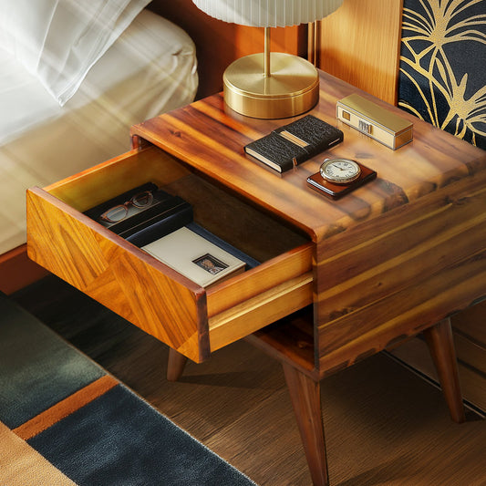 Laden solid acacia wood bedside table, bedside table with drawer and open shelf, Mid-Century Art Deco style end table