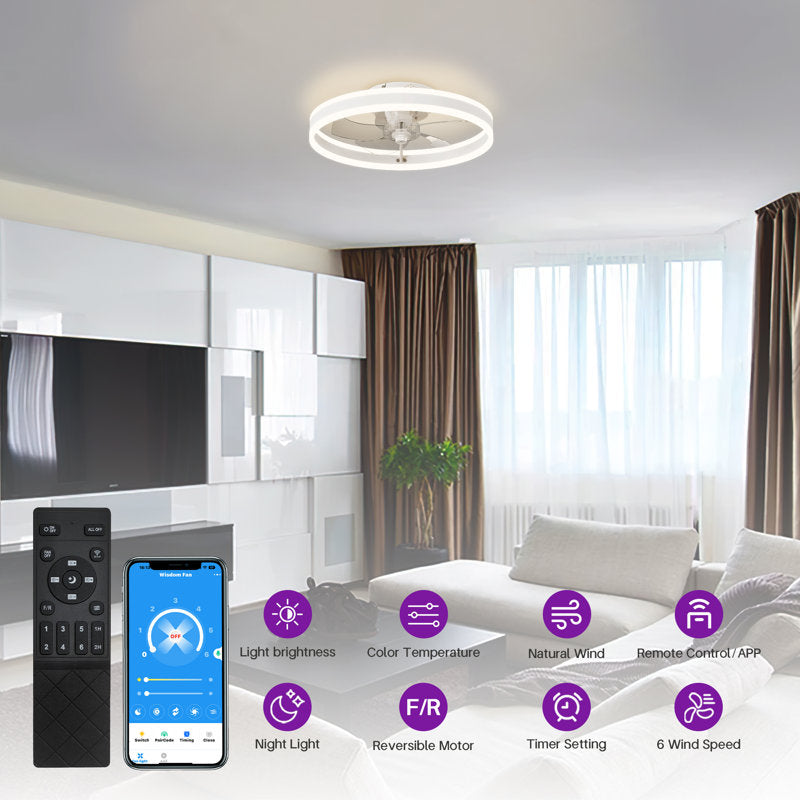 Ventilateur de plafond LED moderne et discret de 40 cm (15,75 po), contrôle par application et télécommande, 6 vitesses, toutes saisons