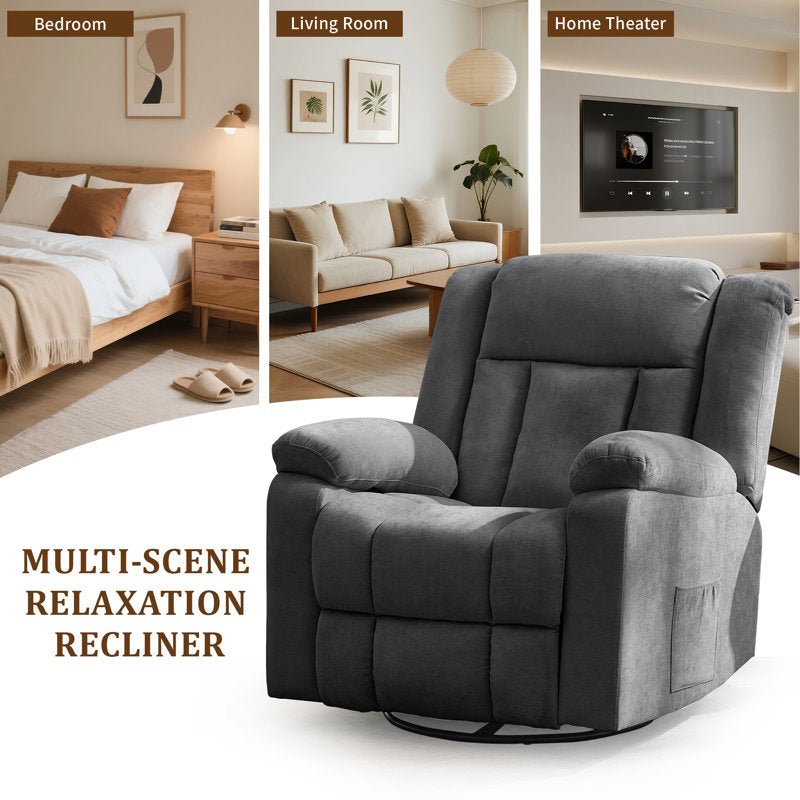Recliner chair, rocking recliner with heat and massage, 360° swivel recliner for adults with side pocket and USB ports