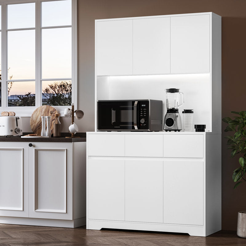 Armoire de cuisine Aybike de 180 cm de haut avec station de charge et éclairage LED, garde-manger autoportant avec 4 placards, 3 tiroirs et étagère pour micro-ondes, rangement de type vaisselier, étagères réglables