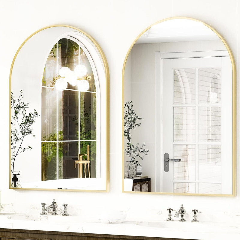 30" x 40" arched wall mirror, gold and black aluminum alloy frame, perfect for the bathroom, living room, bedroom, and entryway