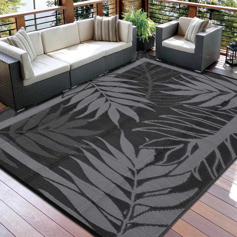 Modern 9 x 12 leaf pattern outdoor rug for indoor and outdoor patios and porches - Waterproof, washable, no shedding, and easy to clean