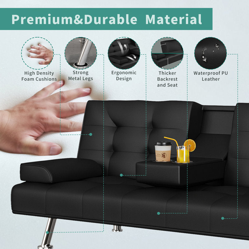 66-inch Convertible Sofa Bed with Click-Clack Cup Holder, Compact Polyurethane Leather Futon for Small Spaces