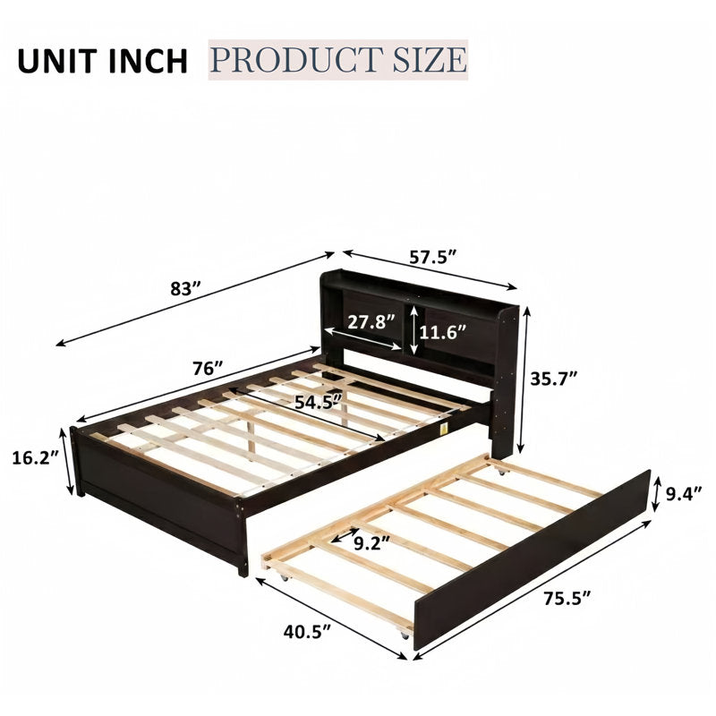 Wooden Bed with Trundle Bed and Bookcase