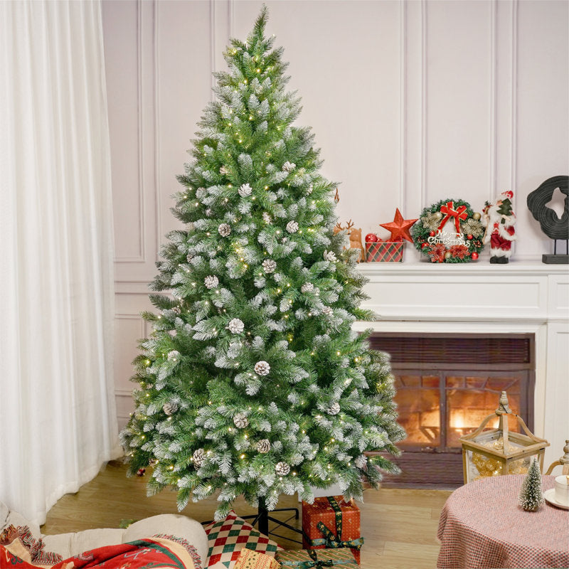 Sapin de Noël artificiel lumineux Stephanie 6' pré-illuminé avec flocons de neige et pommes de pin 