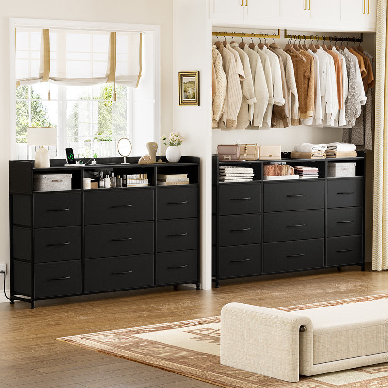 Commode Cheo à 9 tiroirs avec étagère ouverte à 2 niveaux, prise électrique et éclairage LED, commode de 43 pouces de largeur pour chambre à coucher (NOIR)