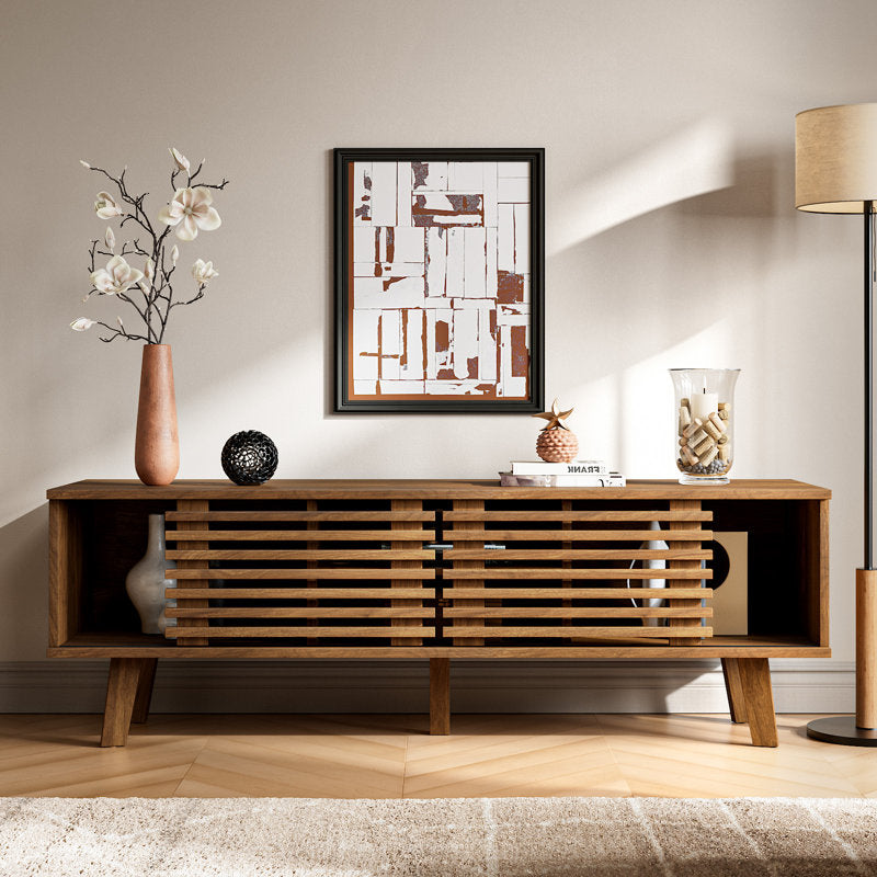 Meuble TV Caistor 59" pour téléviseurs jusqu'à 65", centre de divertissement moderne du milieu du siècle avec étagères, bois brun foncé