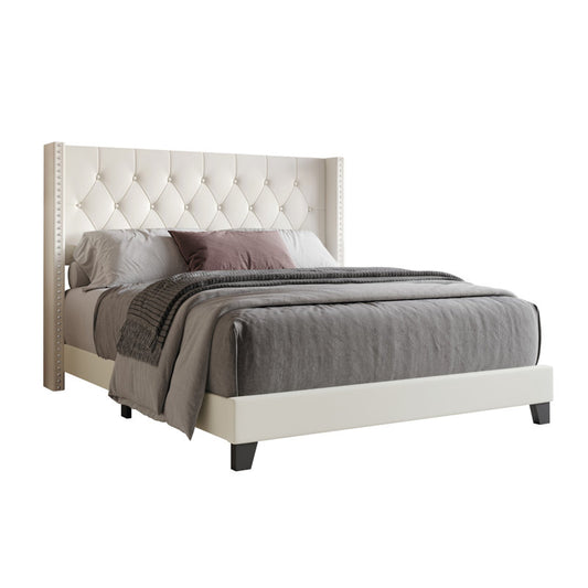 Lit plateforme Elison avec tête de lit rembourrée en tissu et sommier à lattes en bois BEIGE (Twin)