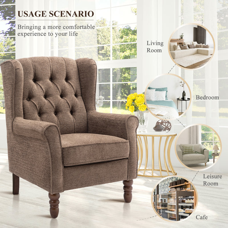 Classic Upholstered Wingback Armchair Sofa with Rolled Armrests and Thick Padded Cushion