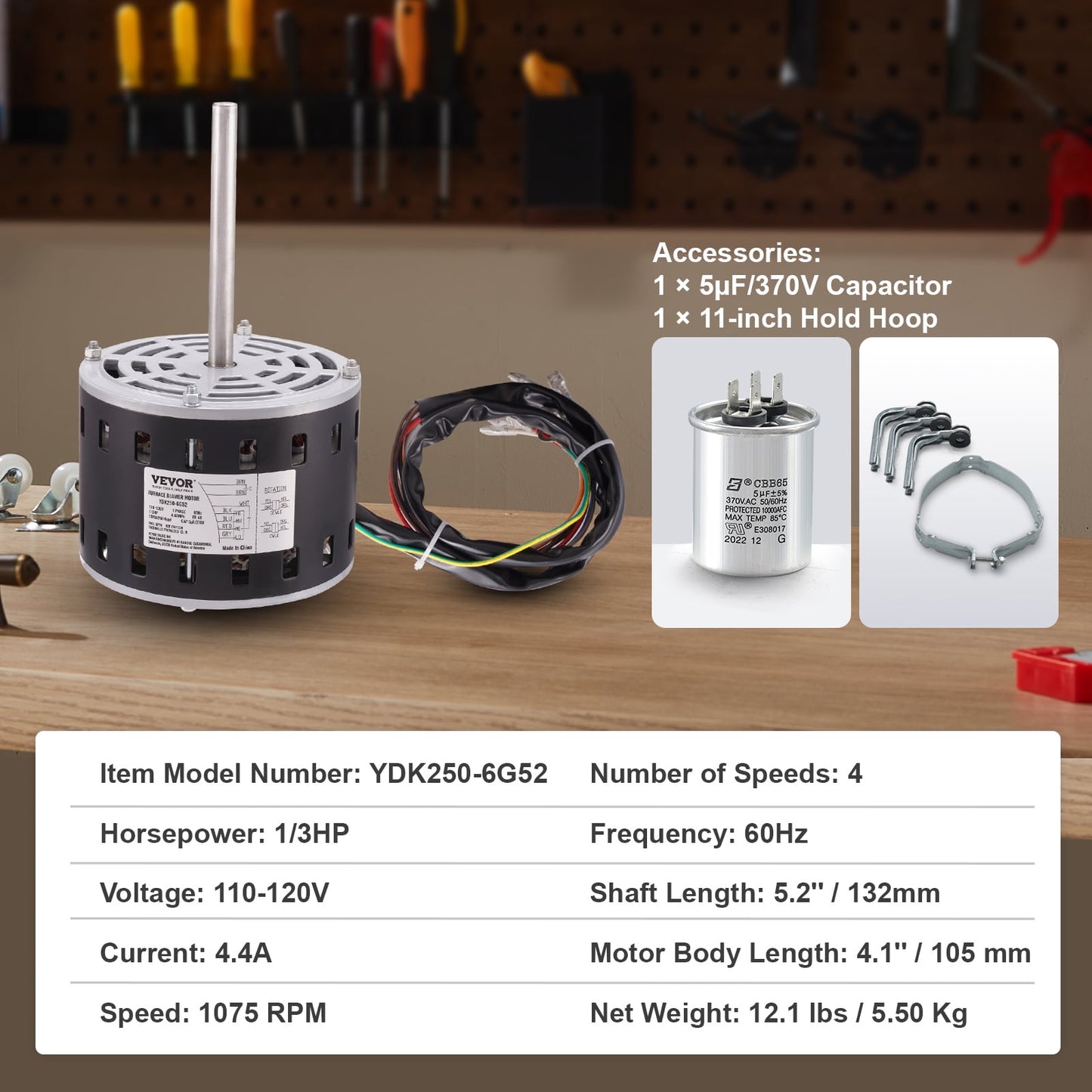 Moteur de ventilateur de fournaise VEVOR 1/3 HP, 110/120 V, 4,4 A, 1075 tr/min, 4 vitesses, rotation horaire/antihoraire, châssis 48, longueur d'arbre 5,2 po, condensateur 5 μF/370 V + anneau de maintien 11 po