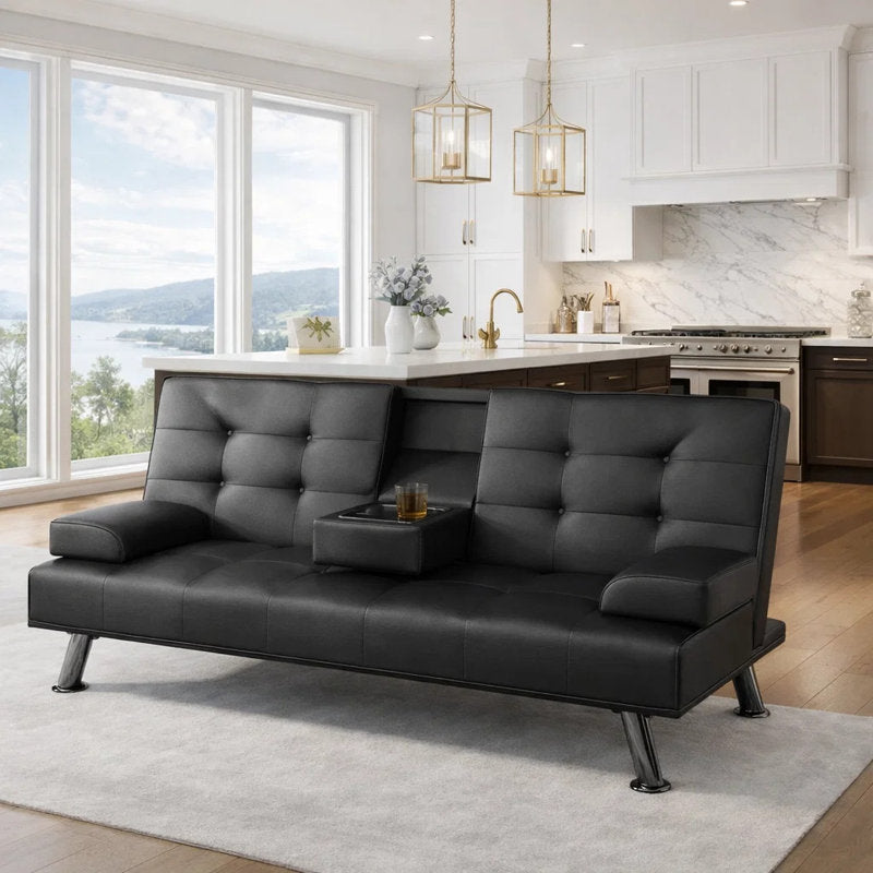 66-inch Convertible Sofa Bed with Click-Clack Cup Holder, Compact Polyurethane Leather Futon for Small Spaces