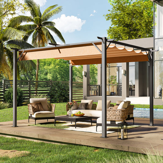 Outdoor metal pergola with retractable canopy and anchoring bracket, 8x8 ft D