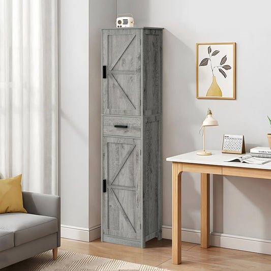 Tall Bathroom Grey Cabinet with 4 Shelves, 2 Doors & 1 Drawer