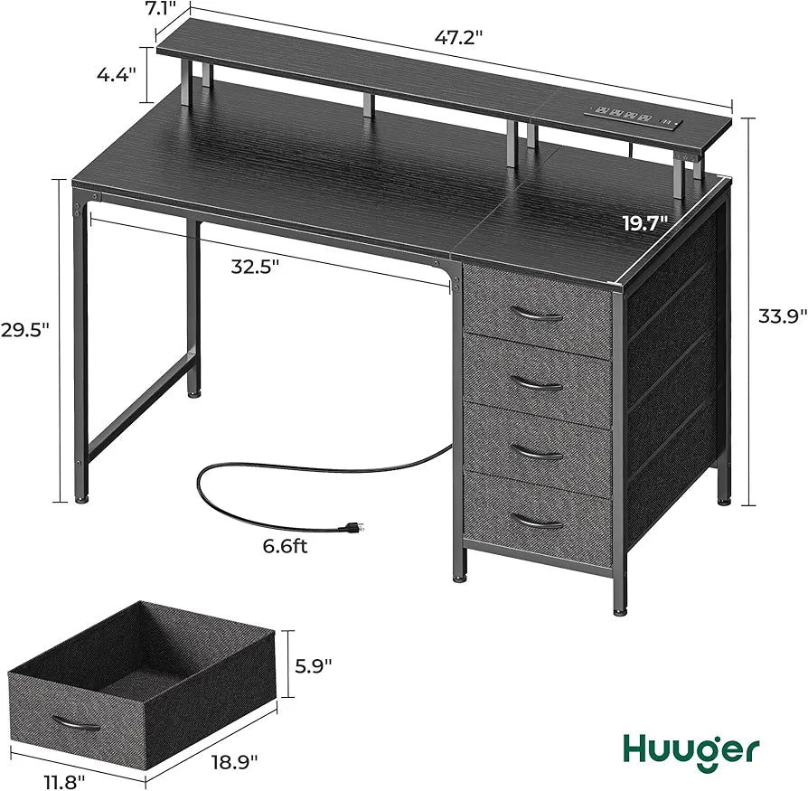 Bureau informatique Huuger 47 pouces avec prises de courant et lumières LED, bureau de gaming avec 4 tiroirs, bureau d'ordinateur avec support d'écran, pour étude, travail à domicile, petits espaces, noir
