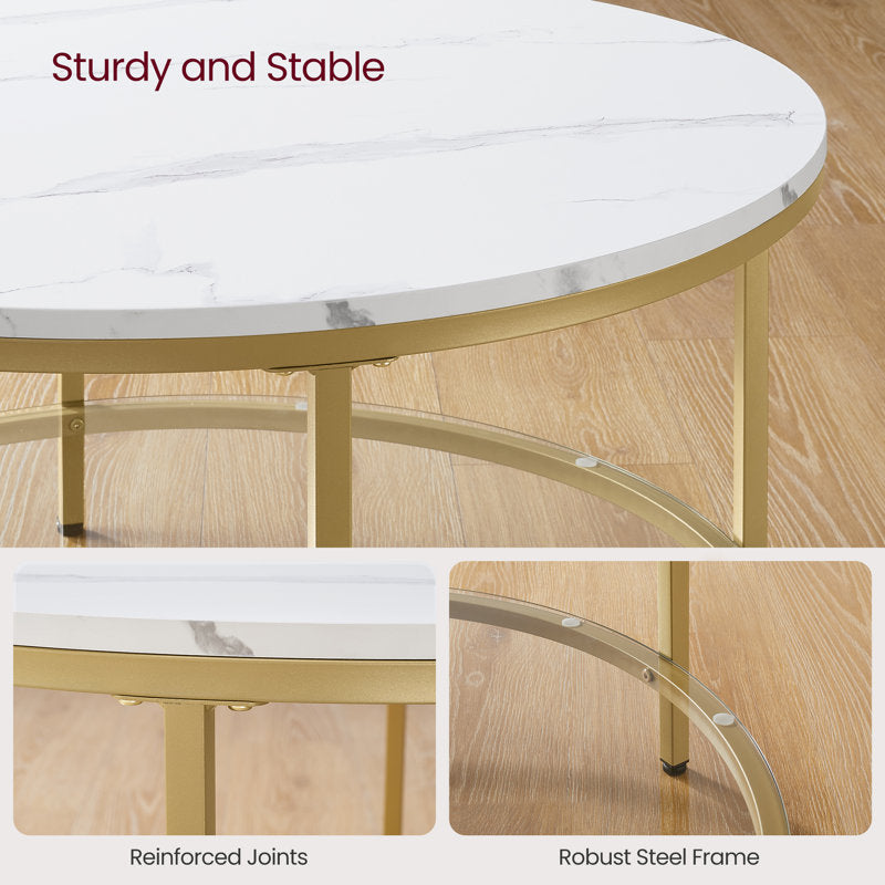 Table basse ronde Rotherham avec rangement, plateau en marbre noir et dessous en verre (or et blanc)