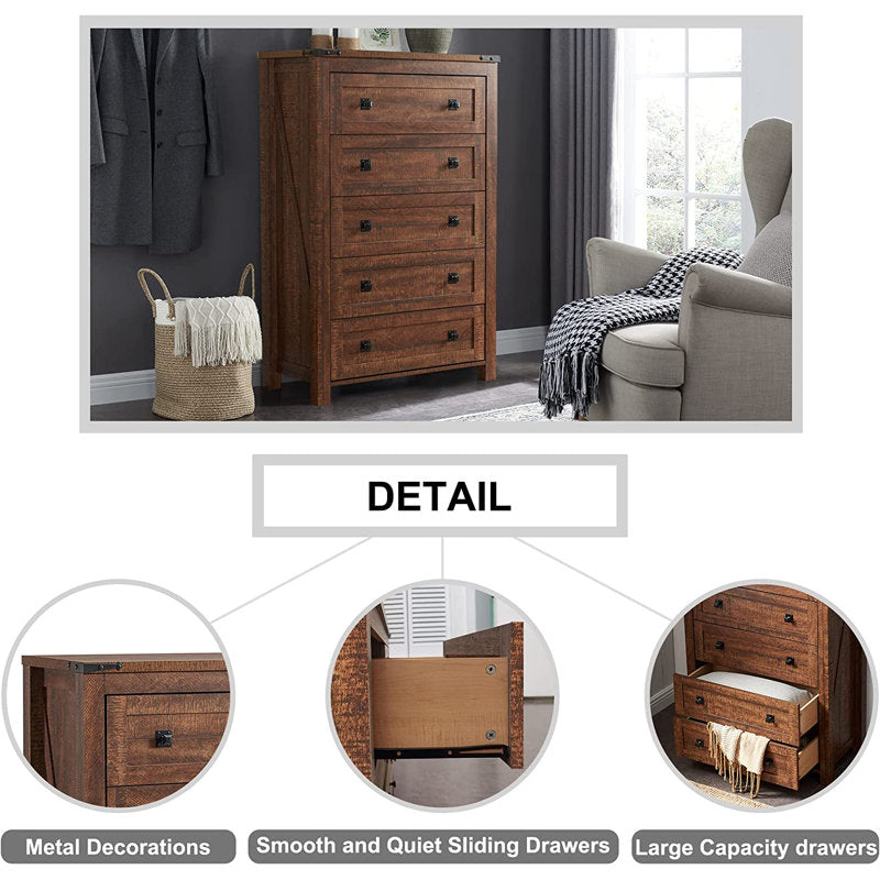 Commode haute rustique à 5 tiroirs Grantville House pour chambre à coucher