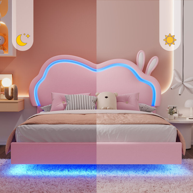 Cadre de lit flottant Zoomie Kids avec tête de lit LED réglable et revêtement en cuir, rose (taille standard)