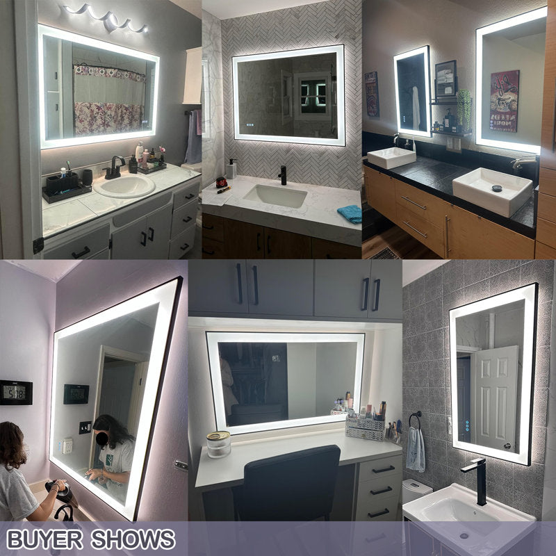 Miroir de salle de bain/coiffeuse Aevar Space en verre trempé antibuée, cadre en aluminium spatial, éclairage LED avant et arrière, 44 x 36 pouces