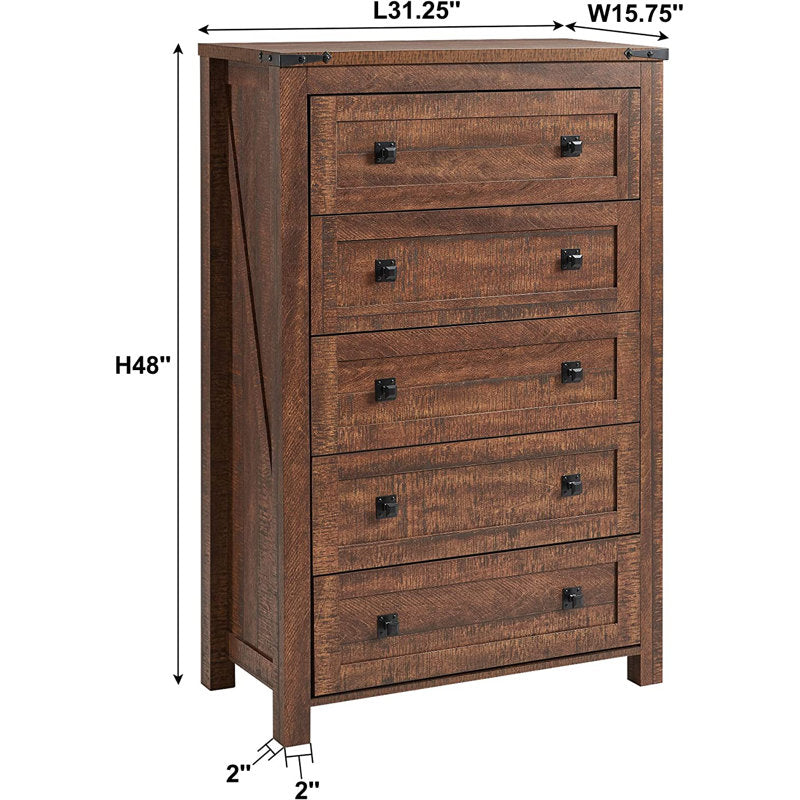 Commode haute rustique à 5 tiroirs Grantville House pour chambre à coucher