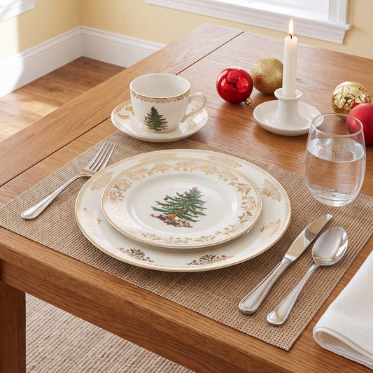 Service de vaisselle en porcelaine dorée « Sapin de Noël » (4 pièces)