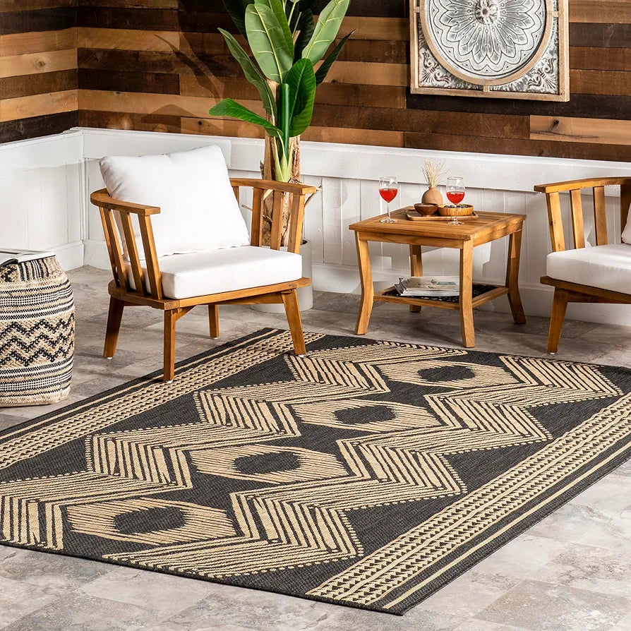 nuLOOM Ranya Tribal Indoor/Outdoor Area Rug for Living Room Patio Deck Front Porch Kitchen, Dark Grey/Ivory 8x10