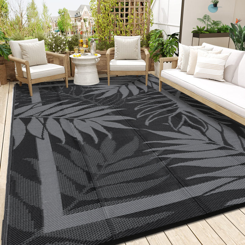Modern 9 x 12 leaf pattern outdoor rug for indoor and outdoor patios and porches - Waterproof, washable, no shedding, and easy to clean