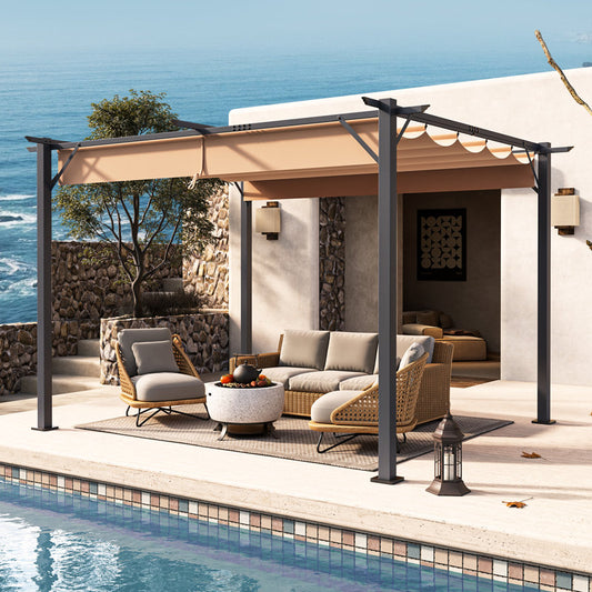 Outdoor metal pergola with retractable canopy and anchoring bracket, 8x8 ft D