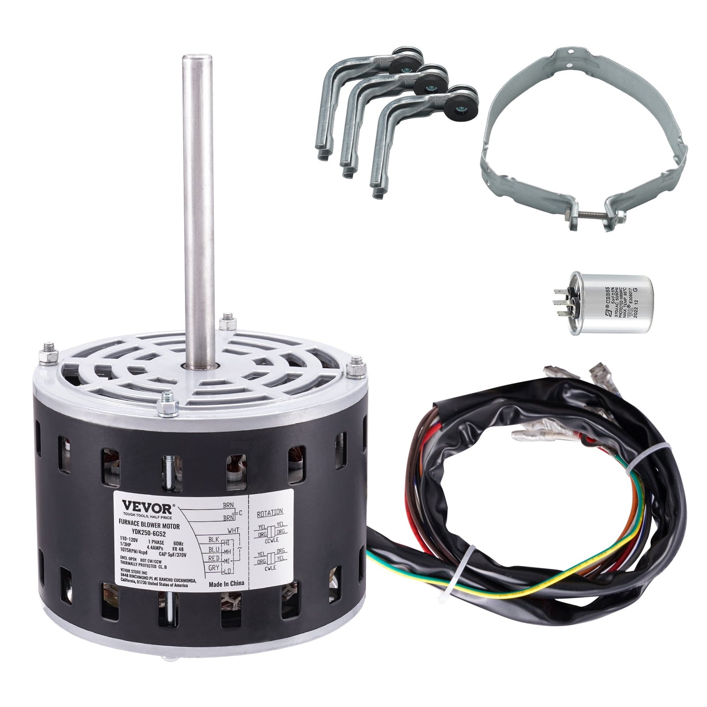 Moteur de ventilateur de fournaise VEVOR 1/3 HP, 110/120 V, 4,4 A, 1075 tr/min, 4 vitesses, rotation horaire/antihoraire, châssis 48, longueur d'arbre 5,2 po, condensateur 5 μF/370 V + anneau de maintien 11 po