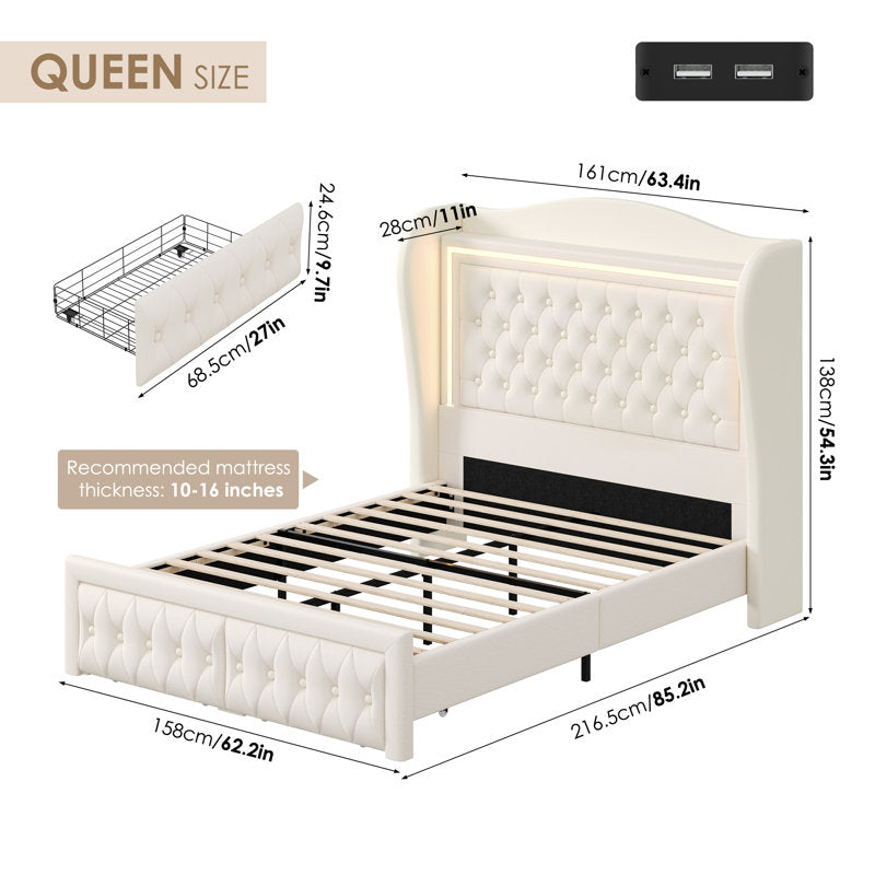 Lit plateforme Kaliya Queen en velours capitonné : tête de lit à oreilles avec éclairage LED et 2 tiroirs de rangement, cadre en bois massif, blanc king size