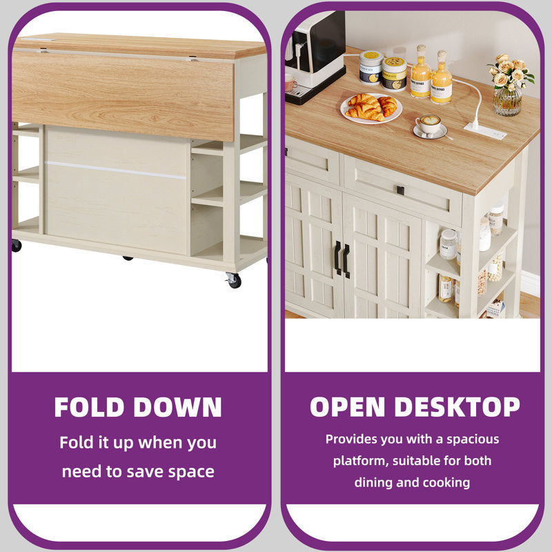 Brianny Rolling Kitchen Cart Island with Foldable Tabletop 2 Drawers and Power Outlet off white