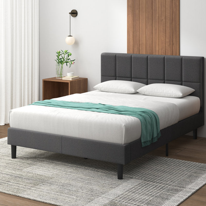 Lit plateforme capitonné Suhavi, style contemporain moderne (taille standard), gris foncé