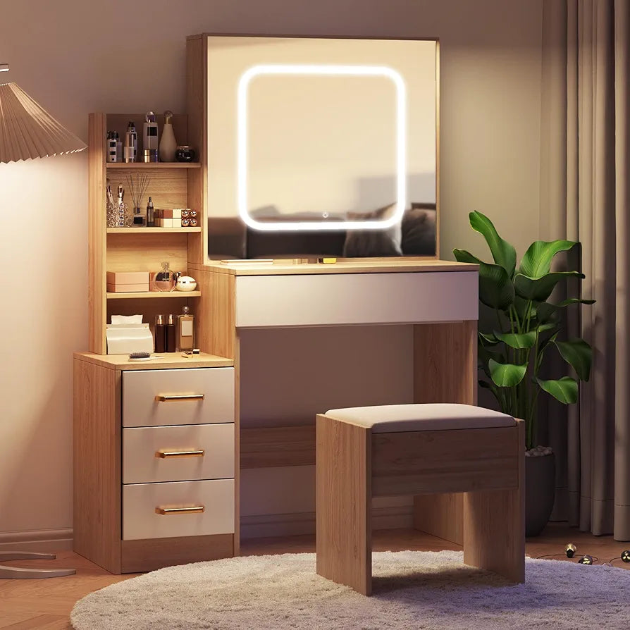Coiffeuse, coiffeuse de maquillage avec miroir coulissant éclairé et station de recharge (chêne) 