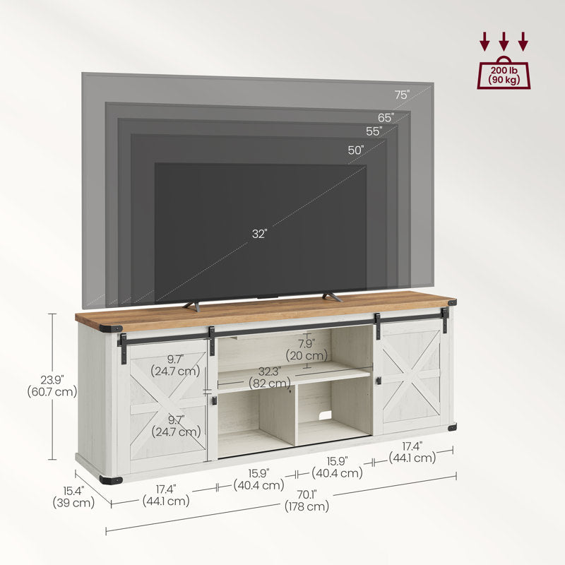 Meuble TV Cesilee pour téléviseurs jusqu'à 75 pouces avec 2 portes coulissantes de style grange et station de recharge intégrée 