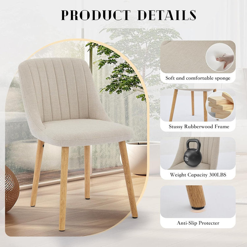Set of 2 dining chairs, modern fabric upholstered kitchen accent chairs, curved back dining chairs with oak legs, armless dining chair for dining room (beige)