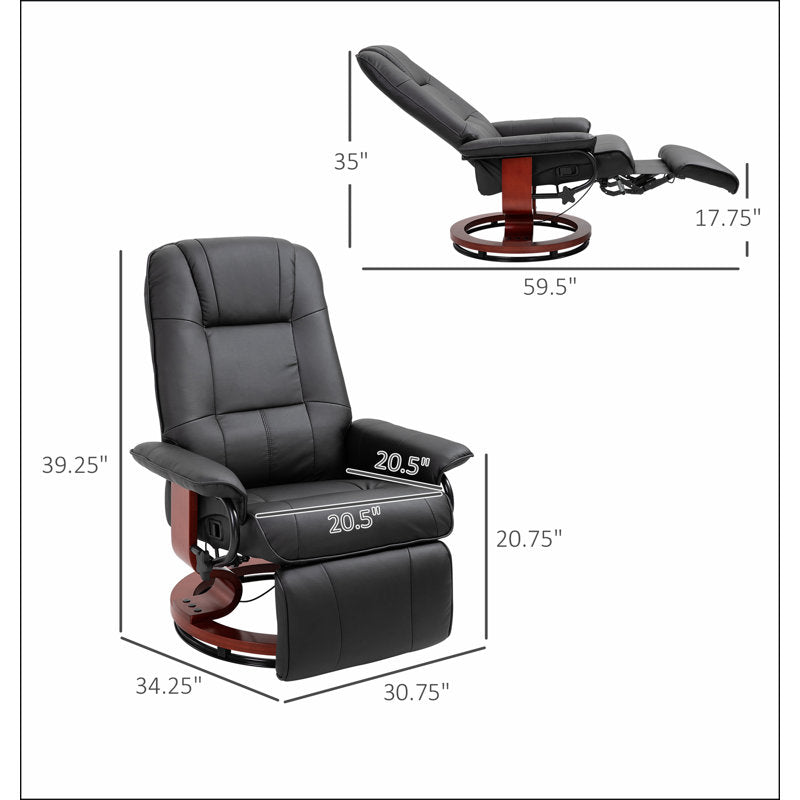 Fauteuil inclinable manuel en similicuir, fauteuil de salon pivotant réglable avec repose-pieds, accoudoirs et base en bois recouvert pour le salon