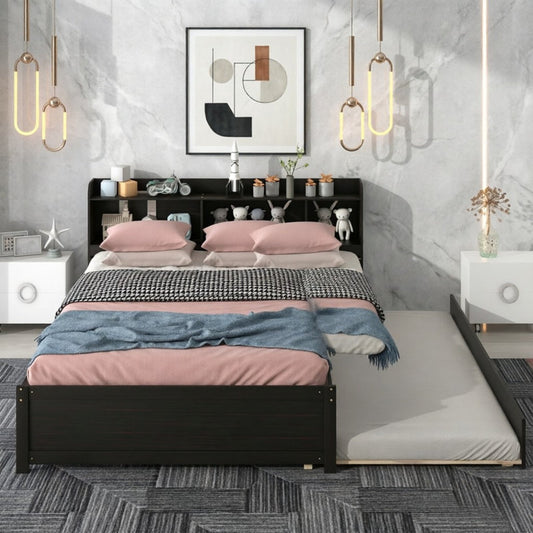 Wooden Bed with Trundle Bed and Bookcase