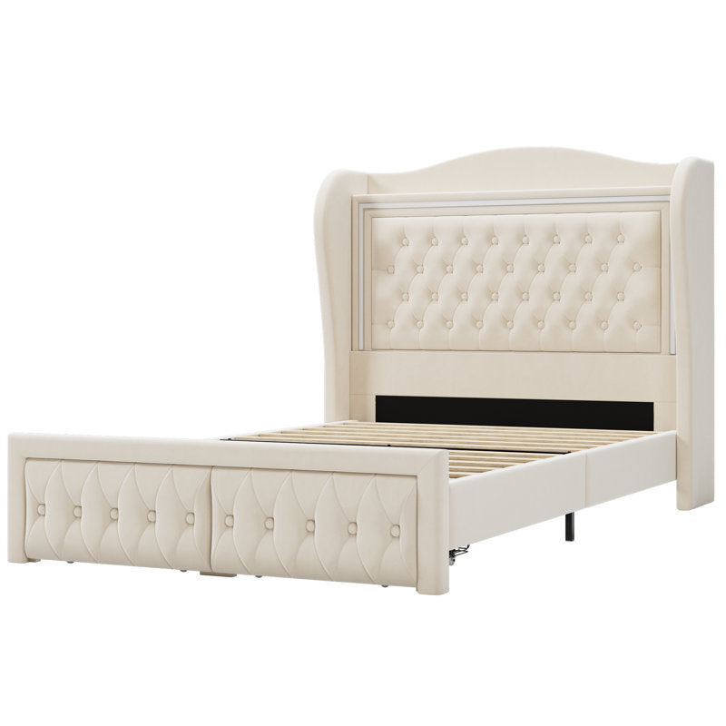 Lit plateforme Kaliya Queen en velours capitonné : tête de lit à oreilles avec éclairage LED et 2 tiroirs de rangement, cadre en bois massif, blanc king size