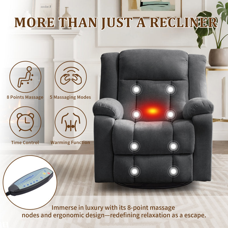 Recliner chair, rocking recliner with heat and massage, 360° swivel recliner for adults with side pocket and USB ports